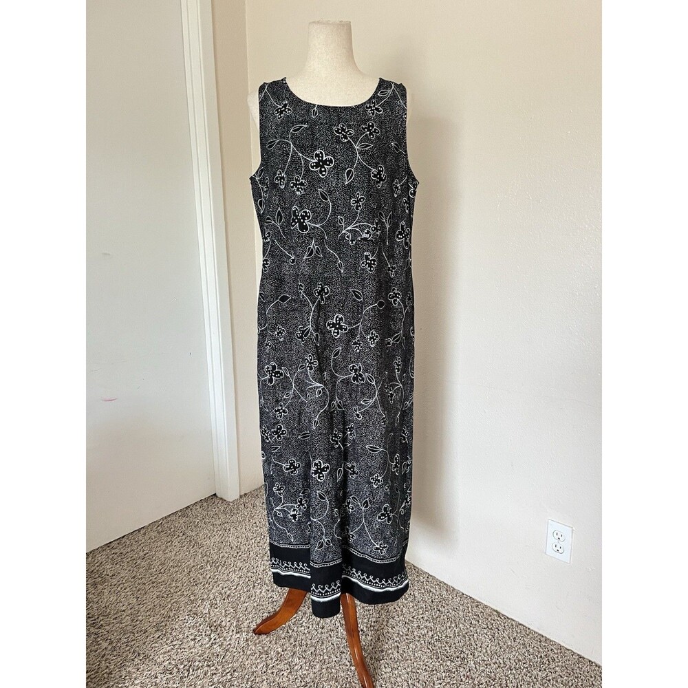 VTG Uniform John Paul Richard Dress Women Sz L 100% Linen Black Floral